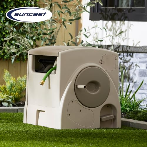 Suncast Automatic Rewind Garden Hose Reel, 100 ft. 5/8 in. Vinyl Hose Holder, Light Taupe
