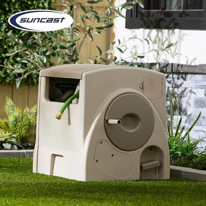 Suncast Automatic Rewind Garden Hose Reel, 100 ft. 5/8 in. Vinyl Hose Holder, Light Taupe