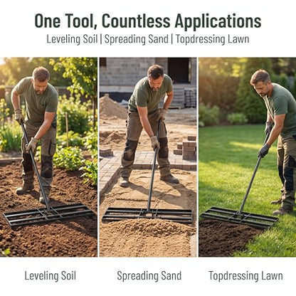 Lawn Leveling Rake - 30x10 Leveling Rake for Soil, Heavy Duty Yard Leveling Rake with 6.5FT Extra Long Handle, 2mm Thickened Stainless Steel Lawn Leveler, Landscape Tool for Dirt and Sand, with Gloves - size: 30 inch