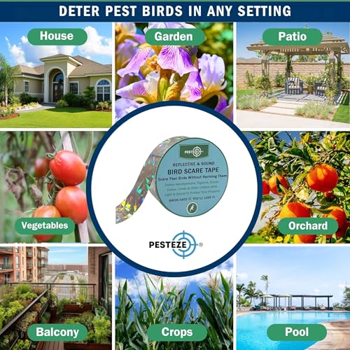 PESTEZE USA Bird Deterrent Reflective Tape–Dual-Sided Holographic Scare Ribbon (2in x 360ft) to Repel Nuisance Birds and Protect Gardens, Patios, Yards & Buildings from Pigeons, Woodpeckers, & Geese