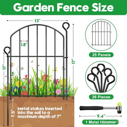 Decorative Garden Fence 17in (H) x25ft (L),Arched Rustproof Metal No Dig - size: 25 Panels-17in(H) x 25ft(L) without Gate