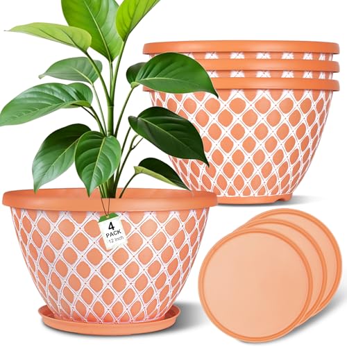 Nooulap 12 Inch Pots for Plants, 4 Pack Large Plastic Planters - color: Orange, size: 12 Inch