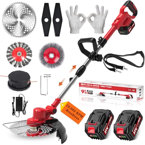 Weed Wacker Cordless String Trimmer, 750W Brushless Motor, Electric Weed Wacker with 2 X 4.0Ah Batteries, Weed Eater with 5 Types of Blades, for Lawn, Yard and Bush Trimming(Red)