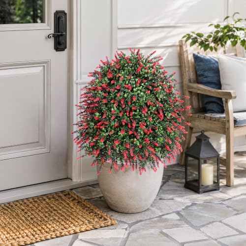HyeFlora 26'' Artificial Boxwood Topiary Trees with Lavender 2 Pack Fake Plants for Outdoor Indoor Artificial Shrubs with Metal Ground Spike UV Resistant Fake Bushes for Front Porch Garden, Red - color: Tree Shaped-red