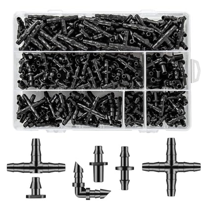 Unoutur 600 Pcs Barbed Connectors Drip Irrigation Fittings Kit, 1/4" Drip Irrigation Kit for Garden Flower Pot Greenhouse Lawn (Straight Barbs,Single Barbs,Tees,Elbows,End Plug,4-Way Coupling) - size: 600 Pcs (1/4" barbed connectors)