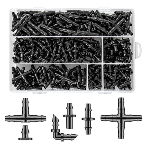 Unoutur 600 Pcs Barbed Connectors Drip Irrigation Fittings Kit, 1/4" Drip Irrigation Kit for Garden Flower Pot Greenhouse Lawn (Straight Barbs,Single Barbs,Tees,Elbows,End Plug,4-Way Coupling) - size: 600 Pcs (1/4" barbed connectors)
