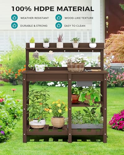 SERWALL Outdoor Potting Bench with Removable Sink,Gardening Table,Coffee - color: Coffee, size: Classic