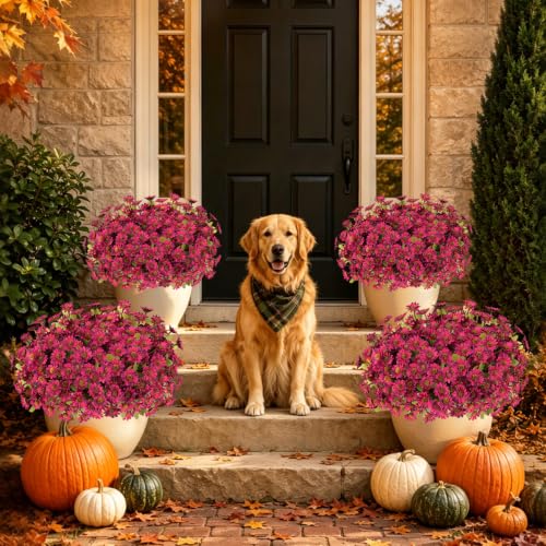 Fake Mums Artificial Fall Flowers for Outdoors Silk Daisy Bulk - color: Burgundy