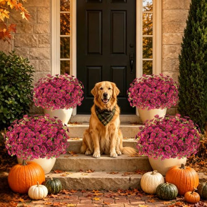 12 PCS Artificial Mums for Outdoors, UV Resistant Fake Fall Flowers - color: Burgundy