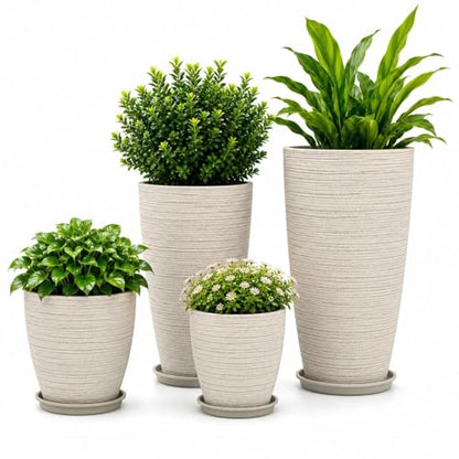 Usocik Large Outdoor Planters, Set of 4, 10/12/21/24 Inch, Beige Matte - color: Beige Ribbed Matte