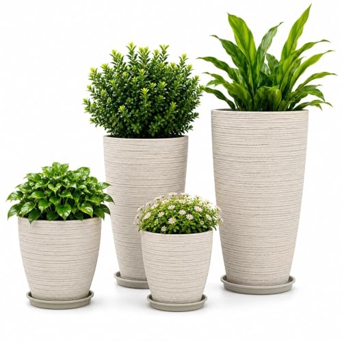 Usocik Large Outdoor Planters, Set of 4, 10/12/21/24 Inch, Beige Matte - color: Beige Ribbed Matte