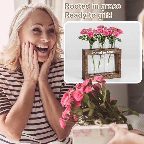 Rooted in Grace Propagation Station – Wooden Plant Holder with 3 Glass Vases, Indoor Rooting Station for Cuttings, Christian-Inspired Gift for Women, Birthday, Housewarming, Plant Lover Décor - size: 3 Glass Vases