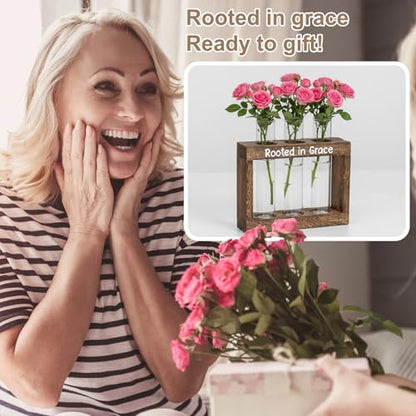 Rooted in Grace Propagation Station – Wooden Plant Holder with 3 Glass Vases, Indoor Rooting Station for Cuttings, Christian-Inspired Gift for Women, Birthday, Housewarming, Plant Lover Décor - size: 3 Glass Vases