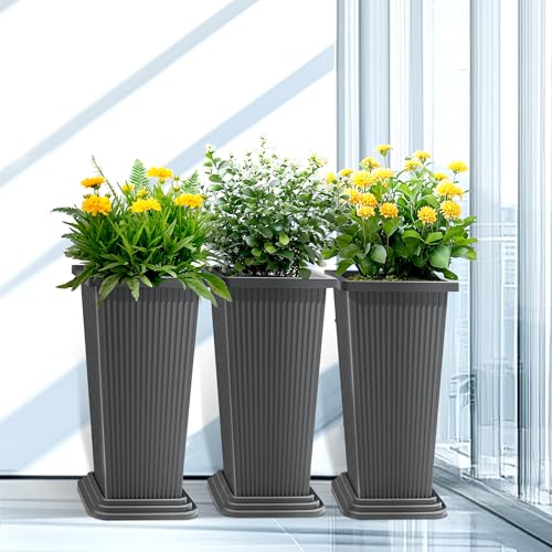 TUYOHW 24 Inch Tall Tapered Square Planters (Set of 2) - Indoor Outdoor Large Flower Pots with Built-in Drainage & Matching Water Tray for Patio, Garden, Home - Gray - color: Gray-ribbed