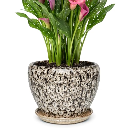 9.5 Inch Ceramic Plant Pot with Drainage Hole Mesh Net,Modern Gardening Pots for Indoor Plants with Saucer, Speckle White - color: Peacock White, size: 9.5 Inch