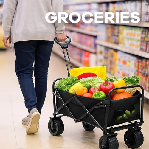 Collapsible Utility Wagon Cart, Heavy Duty Folding Garden Cart with Wheels, Black Steel Frame, 150 L Capacity - 330 LB Capacity