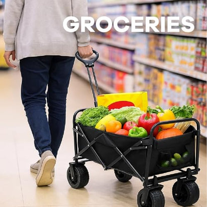 Collapsible Utility Wagon Cart, Heavy Duty Folding Garden Cart with Wheels, Black Steel Frame, 150 L Capacity - 330 LB Capacity