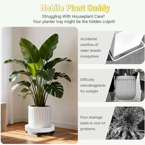 Tappio 2 Pack 14" and 12" Plant Caddy with Hidden 360°Wheels, Plant Stand Rolling Saucer with Drain Hole, Flower Pots with Removable Drainage Tray for Indoor Outdoor, Lockable Wheels