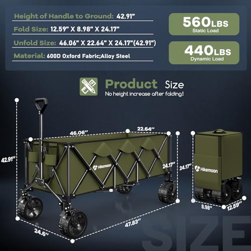 HIKEMOON 48'' Extra Large Collapsible Wagon with Big Wheels, 300L Green - color: Army Green