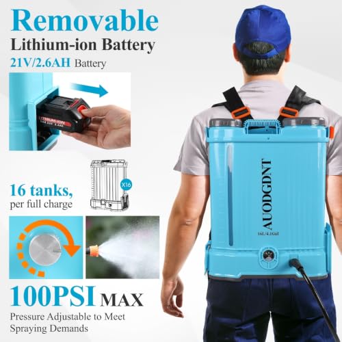 Battery Powered Backpack Sprayer 4.1 Gallon, 100 PSI Electric Garden Sprayer with 21V 2.6Ah Battery & 6 Nozzles, for Weeding, Spraying - size: 4.1 Gallon