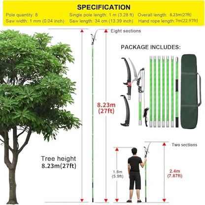 27 Feet Tree Pole Pruner Manual Branches Trimmer Tree Branch Garden Tools Loppers Hand Pole Saws Extendable Height Adustable System for Sawing and Shearing - size: 27FT(with branch scissors)