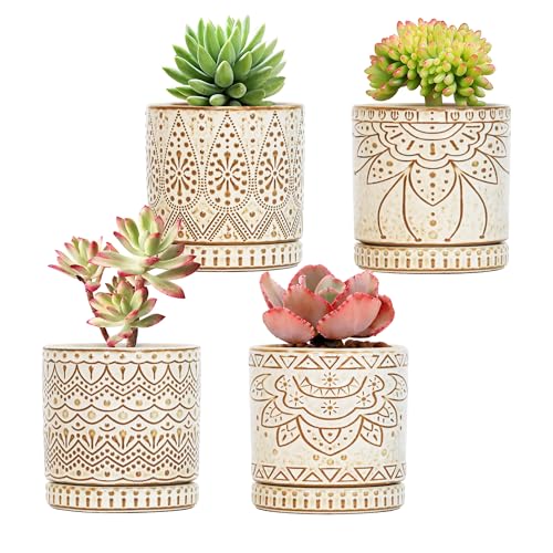 Gepege Ceramic Succulent Pots, 4 Inch Small Plant Pots with Drainage - color: White, size: 4 Inch - Set of 4