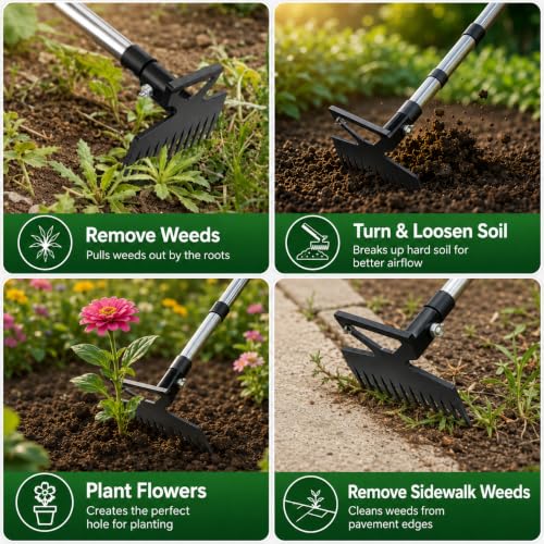 Premium 59" Long Handle 4-in-1 Heavy Duty Weed Puller Tool, 100% Manual Stand Up Weeder for Garden 11-Tine Root Puller, Adjustable Design for Lawn, Patio, Path, Driveway and Yard Work