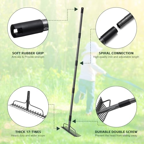 63'' Bow Rake Heavy Duty Garden Rake with Stainless Steel Handle, Tines Metal Head Rake Tool for Loosening Soil Gathering Leaf Leveling Lawn Farming Land Management Yarn Thatch Rake - size: 63"