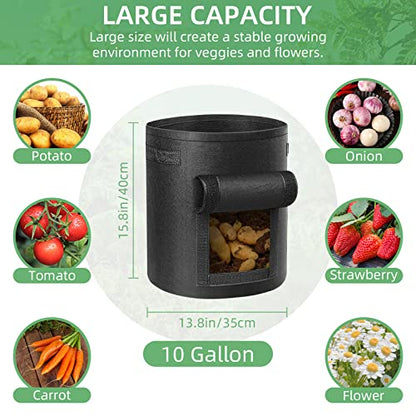 12 Pack 10 Gallon Potato Grow Bags, Heavy Duty Nonwoven Fabric Garden Planting Bag Plant Container with Flap and Handles, Aeration Fabric Pots for Growing Vegetable, Fruits and Flowers