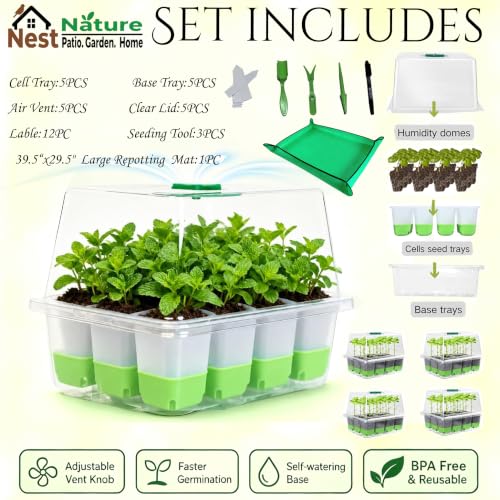 5-Pack Seed Starter Tray Set|60 Cells Silicone Kit W/Lager Repotting Mat - color: Classic W/Mat Green