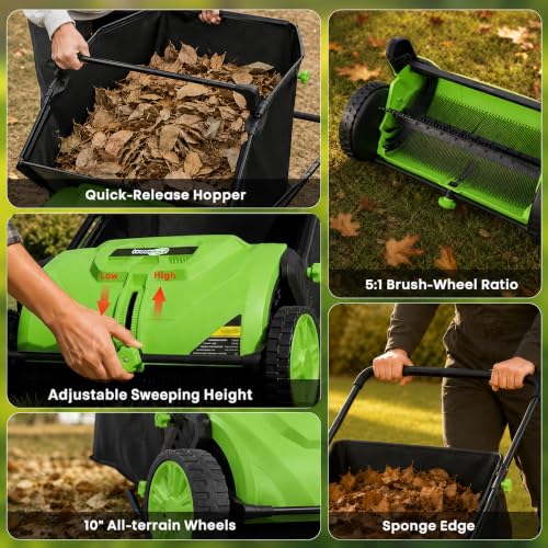 22-Inch Push Lawn Sweeper, Leaf & Grass Collector for Clippings, Wet Leaves