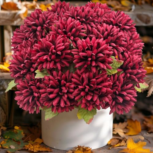 Fake Mums Flowers for Outdoors, 6 Pack 30 Heads Artificial Chrysanthemums Silk Fall Flower for Autumn Wedding Table Front Porch Halloween Diwali Cemetery Indoor Outside Decor (Burgundy) - color: Burgundy