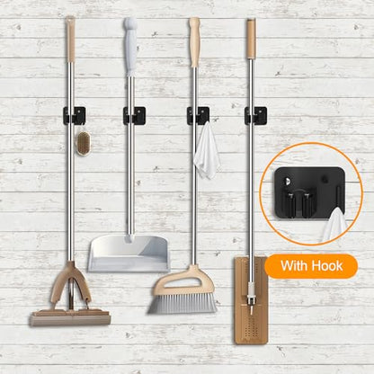 4 Pack Stainless Steel Heavy Duty Broom Holder Wall Mount with Hook, Black - color: D-Black, size: 4PCS Gripper