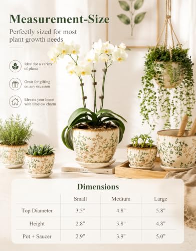 Retro Ceramic Garden Pots, 5.8 Inch Plant Pots with Drainage and Attached Saucer Set of 4, Chinoiserie Floral Large Flower Pots for Home Decor, Plant Lover Gifts, White Green - size: 5.8 inch, set of 4