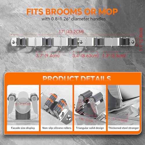 5 Grippers Broom Holder Wall Mount with 4 Hooks Stainless Steel, Silver - color: A-Silver, size: 5PCS Gripper