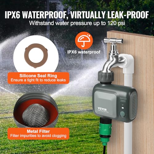 VEVOR WiFi Sprinkler Timer, Single Outlet, Smart Hose Faucet Water Timer with Brass Inlet, APP Control via 2.4Ghz WiFi or Bluetooth, Voice Control with Alexa Google Assistant, IPX6 for Yard Watering - style: 1 Outlet with WiFi/Bluetooth