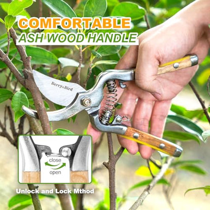 Berry&Bird 8'' Bypass Pruning Shears with Wooden Handle, Curved Blade Garden Hand Pruner, Stainless Steel Scissors Ultra Sharp Clippers for Gardening Trimming Cutting Bonsai Plant Flower & Picking - style: 8'' Curved Blade Scissors
