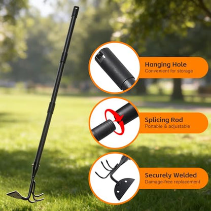 65 Inch 2-in-1 Hoe and Cultivator Garden Tool, Heavy Duty Garden Hoe with 3-Tine Tiller Rake for Weeding and Soil Loosening, Long Handle Stand Up Weed Removal Tool for Planting, Digging & Gardening