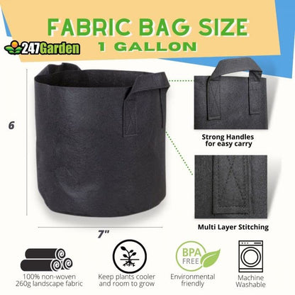 247Garden 5-Pack 1-Gallon Aeration Fabric Pot/Plant Grow Bag w/Handles (260 GSM, Black, 6H x 7D) - color: Black, size: 1 Gallon