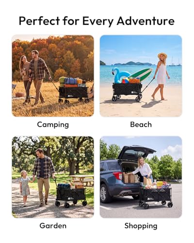MOBI GARDEN 330Lbs Collapsible Folding Wagon Cart with Wheels 190L Capacity - color: Obsidian Black, size: 190L