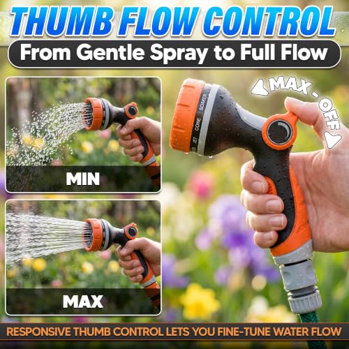 Garden Hose Nozzle, 10 Spray Patterns, Thumb Flow Control, Orange - color: Orange