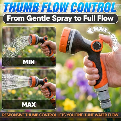 Garden Hose Nozzle, 10 Spray Patterns, Thumb Flow Control, Orange - color: Orange