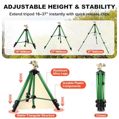 Impact Sprinkler Head on Telescoping Tripod Base with 2 Sprinkler Extensions, Heavy Duty Lawn Sprinklers, 360 Degree Large Area Irrigation, Solid Metal Extension Legs & Bottom Spikes - style: Impact Sprinkler Head