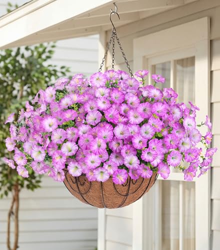 HyeFlora Artificial Fake Hanging Plants Flowers Basket for Outdoors Fall Decoration, UV Resistant Realistic Outdoor Faux Silk Morning Glory in Planter for Outside Porch Patio Balcony Garden Yard Home - color: Purple 2