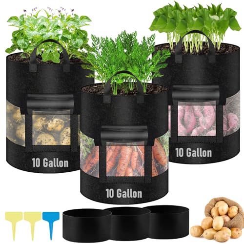 3 Pack 10 Gallon 360°Visible Potato Grow Bags,Heavy Duty Thickened Nonwoven Fabric Planter Bags with 2 Clear Harvest Windows&Removable Shading Cover,Reinforced Handles,Vegetable Grow Bags with Labels - size: 10 Gallon