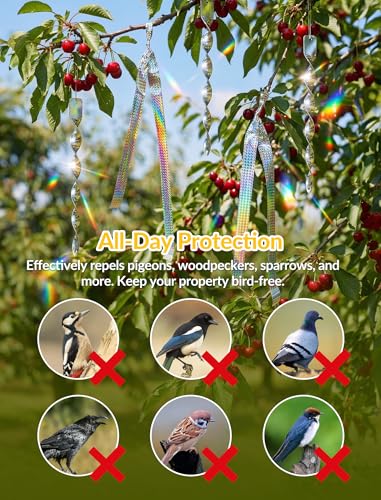 NiHome 20-Pack Spiral Bird Deterrents for Outside, Reflective Rods and Rolls to Safeguard Gardens - 18 PCS Rods & 2 Rolls (262 FT) of Non-Toxic, Waterproof Bird Control Kit