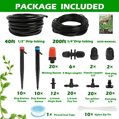 Maotong 240FT Drip Irrigation System Kit, Automatic Garden Watering Misting System for Greenhouse, Yard, Lawn, Plant with 1/2 inch Hose 1/4 inch Distribution Tubing and Accessories - size: 240 FT (40 FT 1/2" + 200 FT 1/4")