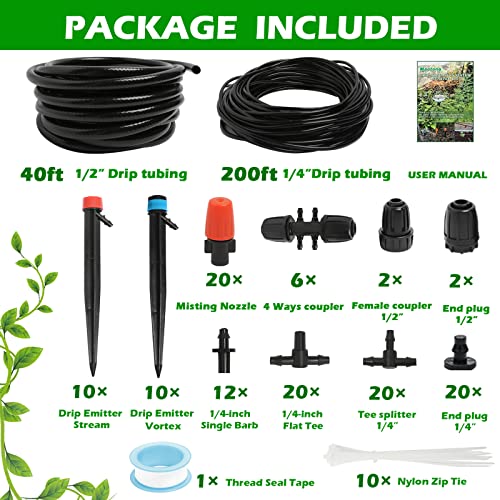Maotong 240FT Drip Irrigation System Kit, Automatic Garden Watering Misting System for Greenhouse, Yard, Lawn, Plant with 1/2 inch Hose 1/4 inch Distribution Tubing and Accessories - size: 240 FT (40 FT 1/2" + 200 FT 1/4")