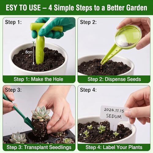 15Pcs Seed Planter Tool Set with 5-Hole Seed Dispenser, 6.9" Garden Dibber, Succulent Transplanting Tools & 10 Plant Labels for Sowing Seeds, Flowers & Vegetables