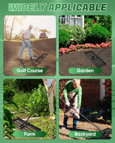 Saker Lawn Leveling Rake 25x10 Inch, 73-Inch Heavy Duty Lawn Leveler Tool with Stainless Steel Handle for Lawns, Backyard, Garden, Golf Course, Farm - Black